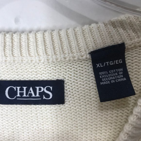 Chaps Men’s Sweater sz XL 100% Cotton Knit Cream Color Crest Classic Pull Over - Picture 6 of 7